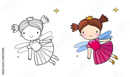 Cute cartoon fairy.Little Flower elf. Little girl with wings.  Illustration for coloring books. Monochrome and colored versions. Worksheet for children and adults