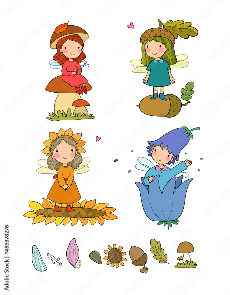 Fototapeta premium Set with cute cartoon fairies. Wood elves. Little girls princess with wings fly over flowers. Funny ladybug. Vector illustration