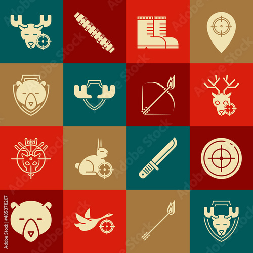 Set Moose head on shield, Target sport for shooting competition, Hunt deer with crosshairs, Hunter boots, horns, Bear, moose and Bow and fire arrow icon. Vector