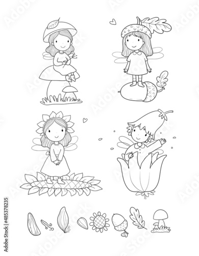 Set with cute cartoon fairies. Wood elves. Little girls princess with wings fly over flowers. Funny ladybug. Vector illustration.  Illustration for coloring books. 