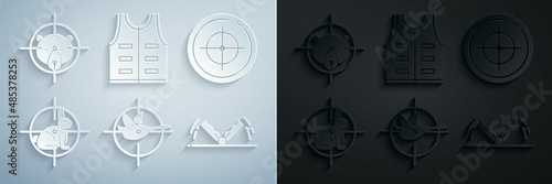 Set Hunt on duck with crosshairs, Target sport for shooting competition, rabbit, Trap hunting, Hunting jacket and bear icon. Vector