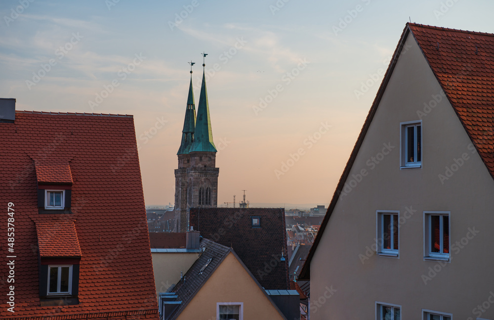 Top cityscape view from the castle hill on the old town with cathedral in Nurnberg during the morning, Germany Top cityscape view from the castle hill on the old town with cathedral in Nurnberg during the morning, Germany