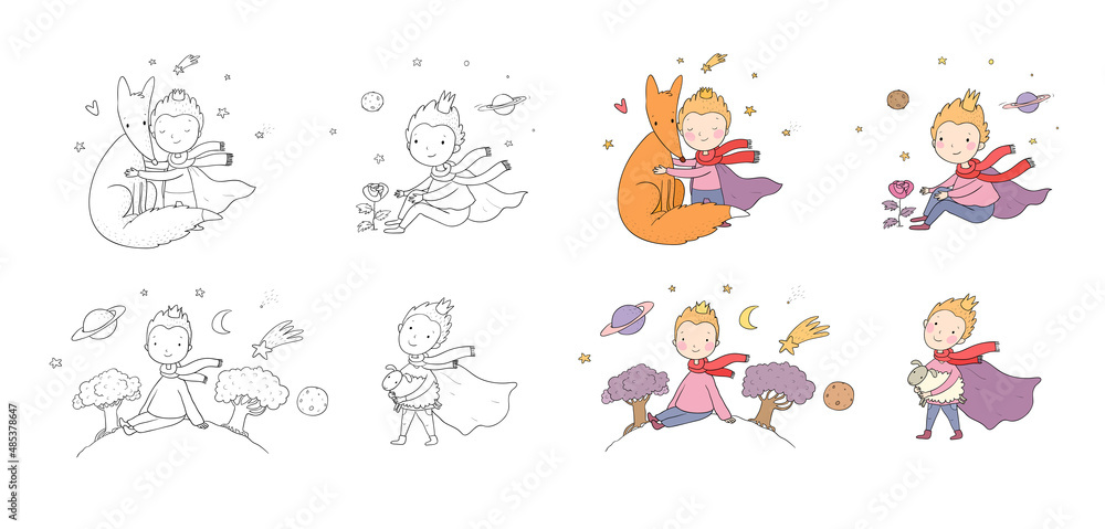 A fairy tale about a boy, a rose, a planet and a fox. prince with a sheep.  Illustration for coloring books. Monochrome and colored versions. Worksheet for children and adults