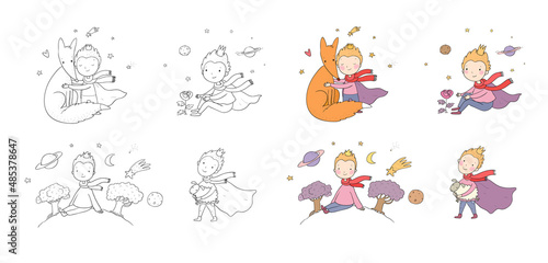 A fairy tale about a boy  a rose  a planet and a fox. prince with a sheep.  Illustration for coloring books. Monochrome and colored versions. Worksheet for children and adults