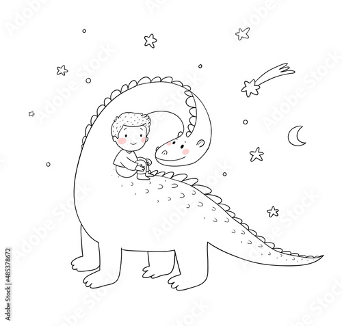 Cute little boy and funny dinosaur. The kid and the dragon. Illustration for coloring book photo