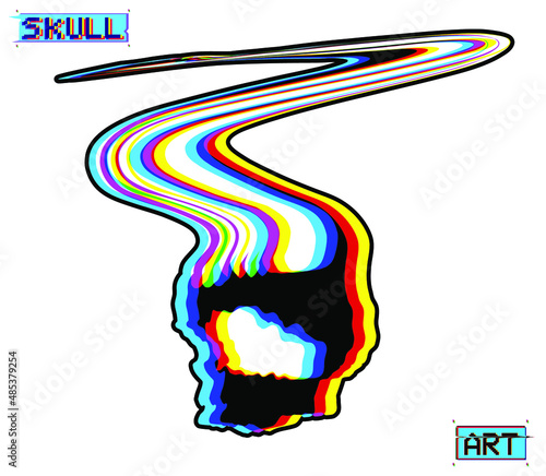 Skull Art. Glitch deformed vector skull silhouette in CMYK color mode offset channels in the style of misprints and vintage paper misprints.