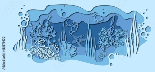 template for making a lamp or postcard. vector image for laser cutting and plotter printing. fauna with marine animals.