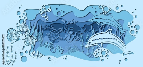 template for making a lamp or postcard. vector image for laser cutting and plotter printing. fauna with marine animals.
