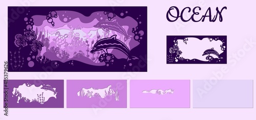 template for making a lamp or postcard. vector image for laser cutting and plotter printing. fauna with marine animals.
