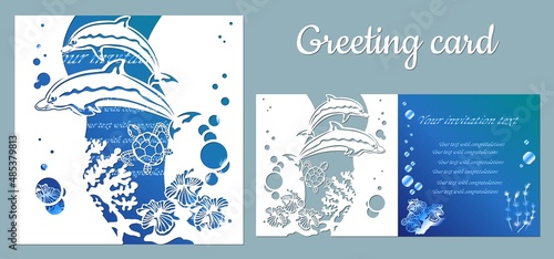 Dolphin, turtle, seaweed. template for making a postcard. vector image for laser cutting and plotter printing. fauna with marine animals.