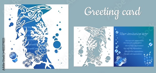 template for making a postcard. vector image for laser cutting and plotter printing. fauna with marine animals.