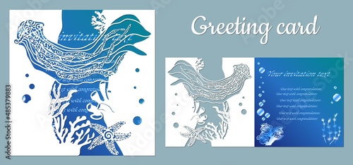 Medusa, starfish. Fauna with marine animals. Template for making a postcard. Vector image for laser cutting, plotter printing and scrapbooking.
