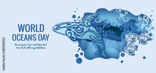 Text - world ocean day. Killer whale. template for making a postcard. vector image for laser cutting and plotter printing. fauna with marine animals....