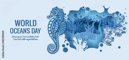 Text - world ocean day. Seahorse. template for making a postcard. vector image for laser cutting and plotter printing. fauna with marine animals....