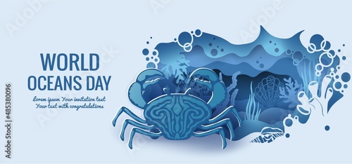 Text - world ocean day. crab. template for making a postcard. vector image for laser cutting and plotter printing. fauna with marine animals....
