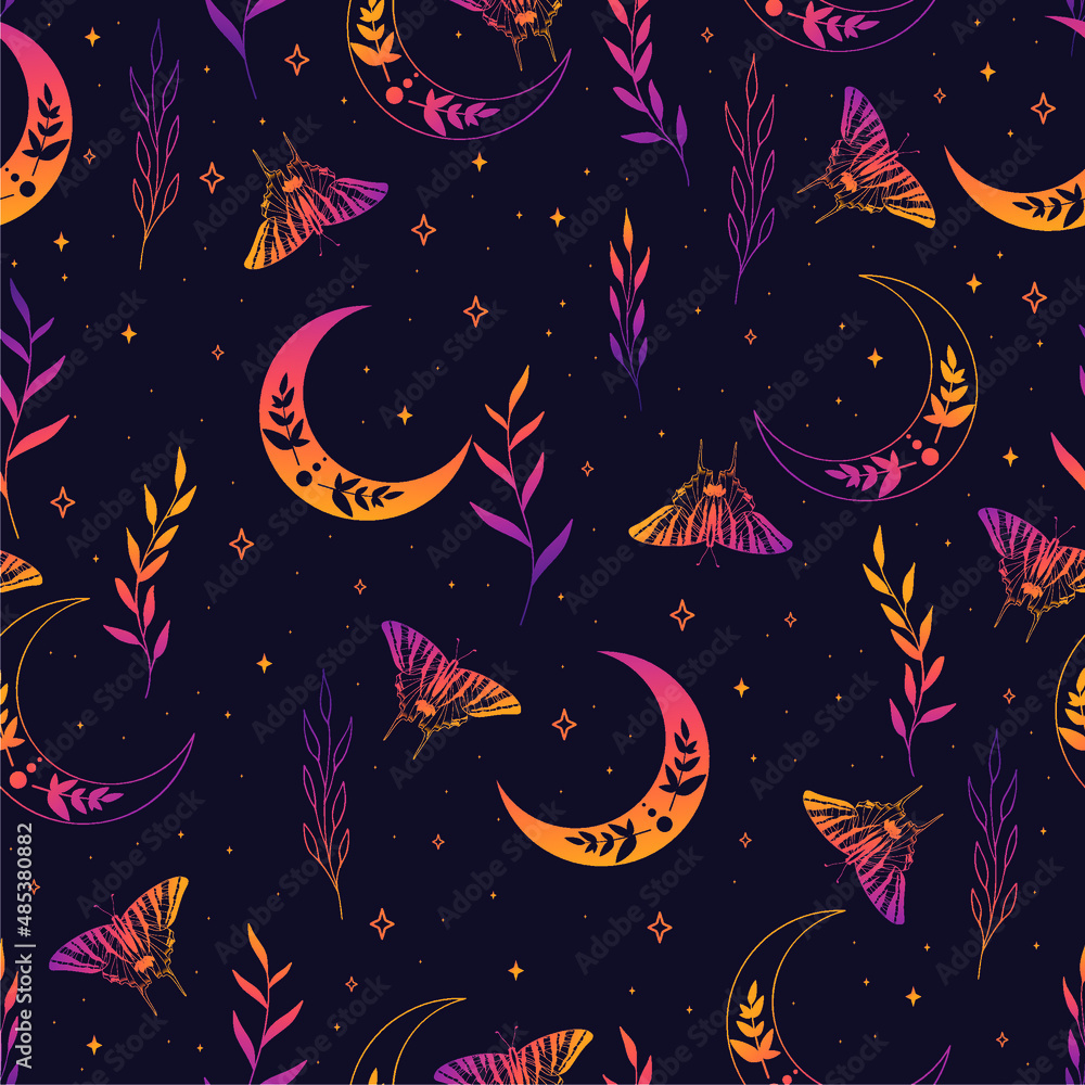 Vector illustration with moon moth and crescents on violet vintage background. Contemporary composition. Trendy texture for print, textile, packaging.