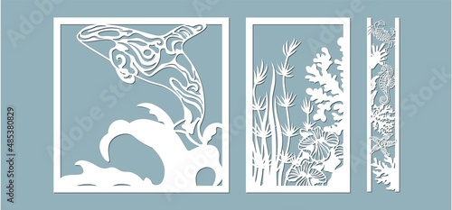 killer whale, starfish, seahorse, crab, algae, corals, Kelp, laminaria, Macrocystis, Brown alga, rockweed, Fucus, Posidonia . Vector illustration. Set of paper marine animals stickers. Laser cut. Set 