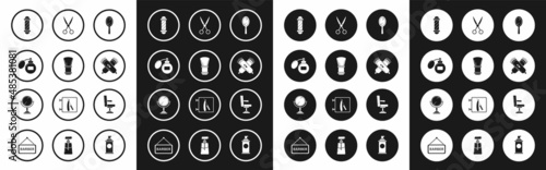 Set Hand mirror, Shaving brush, Aftershave, Classic Barber shop pole, Crossed electrical hair clipper shaver, Scissors hairdresser, Barbershop chair and icon. Vector