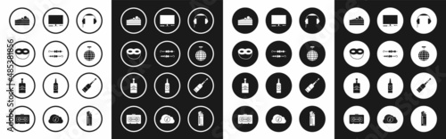 Set Headphones, Grilled shish kebab, Festive mask, Cake, Disco ball, Video game console, Champagne bottle and Whiskey icon. Vector