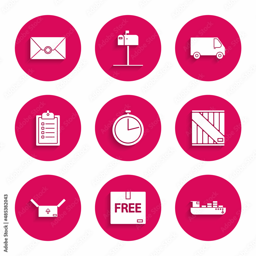 Set Stopwatch, Cardboard box with free symbol, Cargo ship boxes delivery service, Wooden, traffic, Verification of list clipboard, Delivery cargo truck vehicle and Envelope icon. Vector Set Stopwatch, Cardboard box with free symbol, Cargo ship boxes delivery service, Wooden, traffic, Verification of list clipboard, Delivery cargo truck vehicle and Envelope icon. Vector