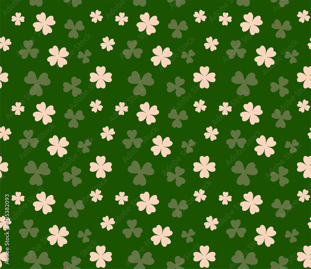 Abstract. Saint Patrick Day background. Clover pattern seamless on green background. Vector.