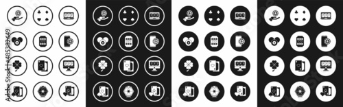 Set Online slot machine with lucky sevens jackpot, Slot, Billiard pool snooker 8 ball, Hand holding casino chips, poker table game, Playing cards, and Four leaf clover icon. Vector
