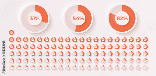 Loading indicator. Progress bar. Percentage meter. UI, User interface. Loading symbol. Download process. Circle icons set. Minimalistic 3d template. Realistic modern design. Vector illustration.