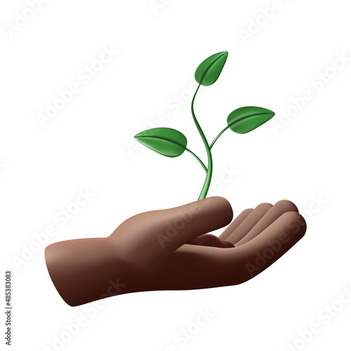 3D black hand holding a sprout. The concept of development, growth, preservation of the environment. Color vector illustration, realistic style. Isolated background.