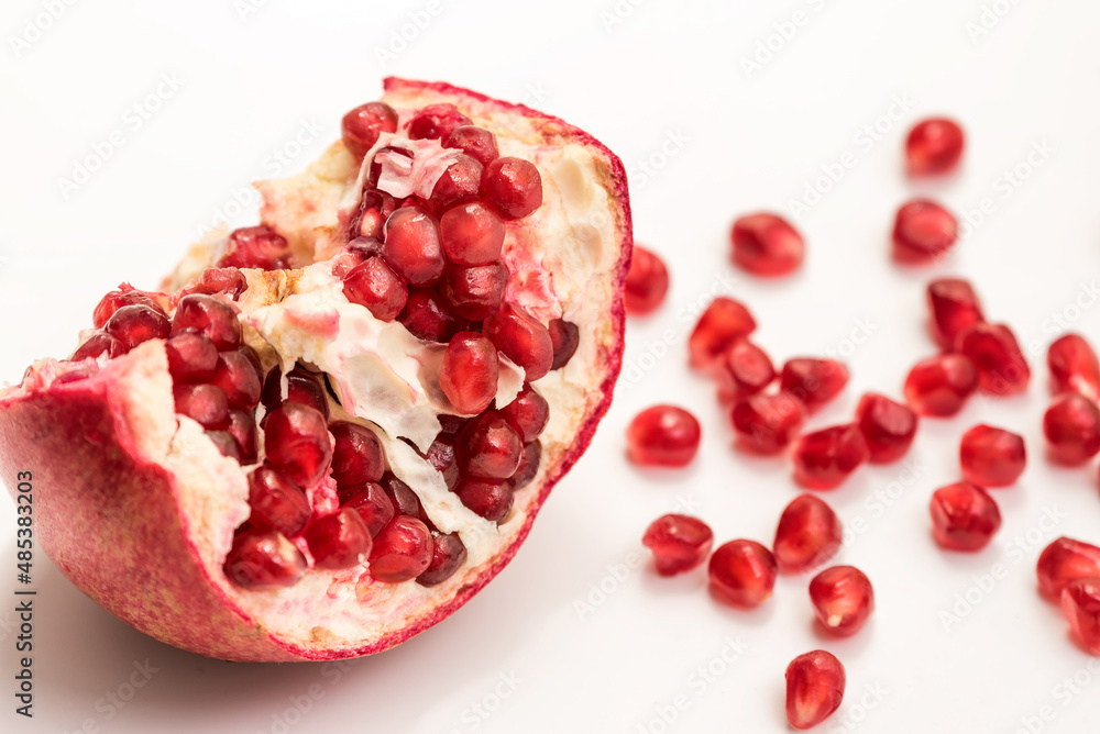 Pomegranate isolated part on a white background close-up. Fresh Garnet or pomegranate. Juicy Delicious pomegranate.
Pomegranate isolated part on a white background close-up. Fresh Garnet or pomegranate. Juicy Delicious pomegranate.