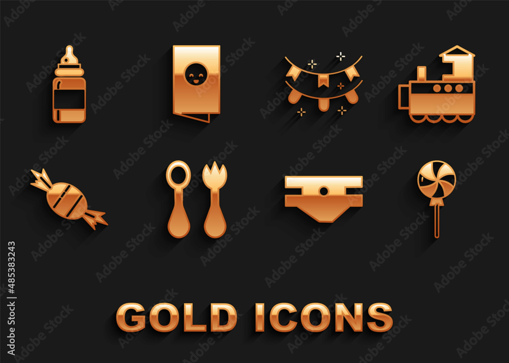 Set Baby cutlery with fork and spoon, Toy train, Lollipop, absorbent diaper, Candy, Carnival garland flags, bottle and shower invitations card, poster icon. Vector Set Baby cutlery with fork and spoon, Toy train, Lollipop, absorbent diaper, Candy, Carnival garland flags, bottle and shower invitations card, poster icon. Vector
