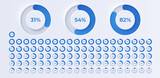 Loading indicator. Progress bar. Percentage meter. UI, User interface. Loading symbol. Download process. Circle icons set. Minimalistic 3d template. Realistic modern design. Vector illustration.