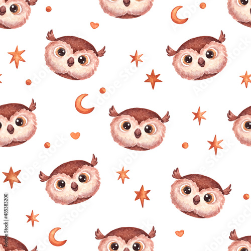 Watercolor seamless pattern with face or head of cute bird owl with moon and stars. Nursery illustration in cartoon style on white background.