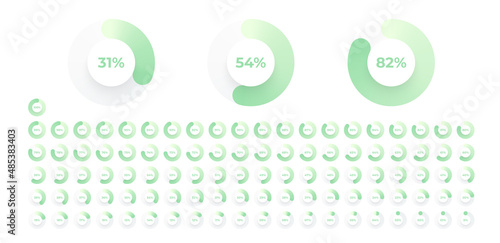 Loading indicator. Progress bar. Percentage meter. UI, User interface. Loading symbol. Download process. Circle icons set. Minimalistic 3d template. Realistic modern design. Vector illustration.
