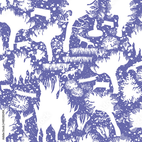 Snow covered trees in winter city park in doodle stile on very peri background. Snowfall seamless pattern. Modern vector illustration for baby design, outwear fabric, wallpaper, Christmas packaging.