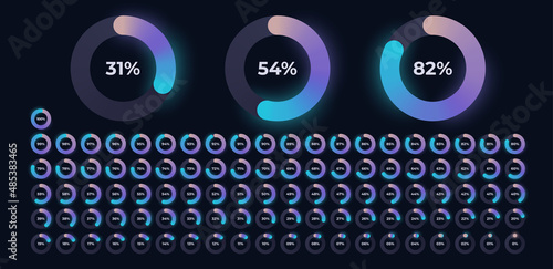 Loading indicator. Progress bar. Neon color, black background. Percentage meter. UI, User interface. Loading symbol. Download process. Circle icons set. 3d template. Modern design. Vector illustration