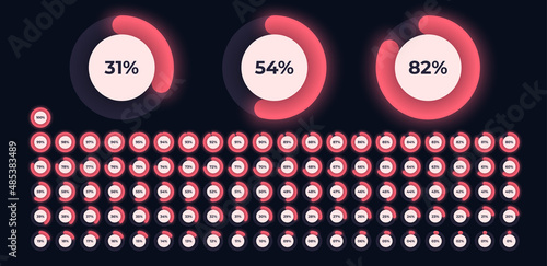 Loading indicator. Progress bar. Neon color, black background. Percentage meter. UI, User interface. Loading symbol. Download process. Circle icons set. 3d template. Modern design. Vector illustration