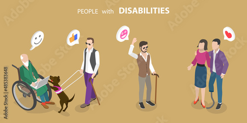 3D Isometric Flat Vector Conceptual Illustration of People With Disabilities, Communicating and Leisure Activities
