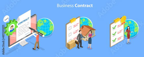 3D Isometric Flat Vector Conceptual Illustration of Business Contract, Agreement Signing