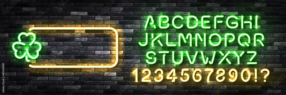 Vector realistic isolated neon sign of St. Patrick's Day frame with easy to change color font alphabet on the wall background.