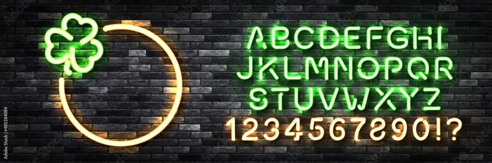 Vector realistic isolated neon sign of St. Patrick's Day frame with easy to change color font alphabet on the wall background. Vector realistic isolated neon sign of St. Patrick's Day frame with easy to change color font alphabet on the wall background.