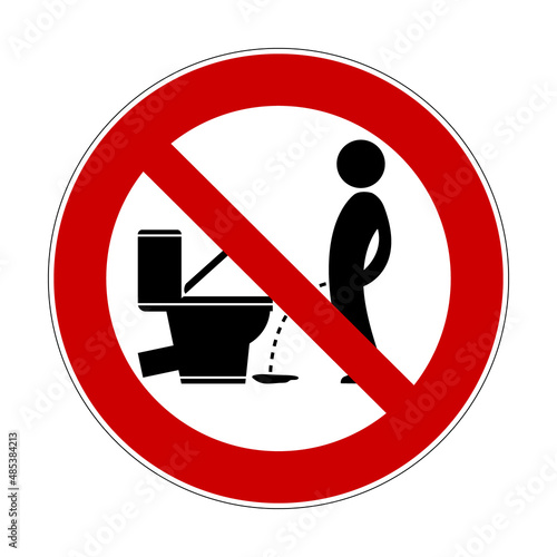No peeing on floor sign. Vector illustration of red crossed out circular prohibited sign with man pissing on floor. Prohibition of urinating symbol isolated on background. Pee ban. Keep toilet clean.