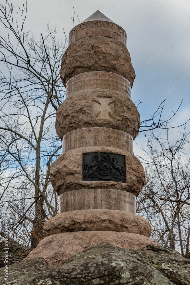 Monument to the 12th Pennsylvania Reserves on a Winter Afternoon, Big Round Top, Gettysburg National Military Park, Pennsylvania, USA