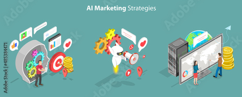 3D Isometric Flat Vector Conceptual Illustration of AI Marketing Strategies, Artificial Intelligence for Business