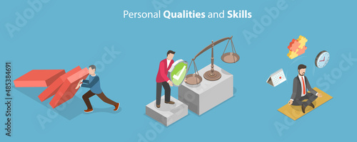 3D Isometric Flat Vector Conceptual Illustration of Personal Qualities and Skills, Experience and Competence Professional Career Development