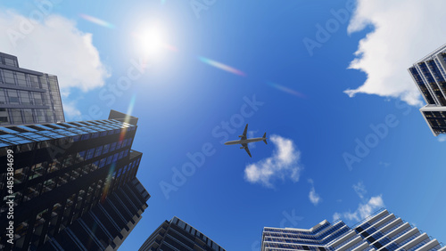 Airplane above office buildings in evening time  3D Illustration