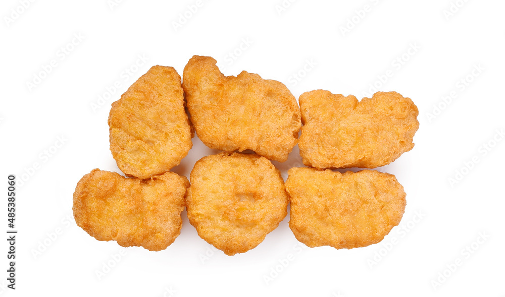 Fried chicken nuggets isolated on white background. Top view Fried chicken nuggets isolated on white background. Top view