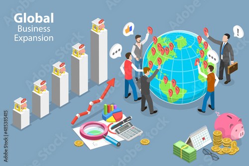 3D Isometric Flat Vector Conceptual Illustration of Global Business Expansion, Franchise Development Strategy
