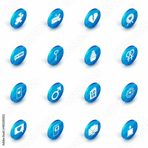 Set Envelope with heart, Broken or divorce, Heart in the center of darts target aim, Speech bubble I love you, Mobile phone, Key shape, Female gender symbol and icon. Vector