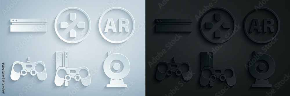 Set Game console with joystick, Ar, augmented reality, Gamepad, Web camera, and Video game icon. Vector Set Game console with joystick, Ar, augmented reality, Gamepad, Web camera, and Video game icon. Vector
