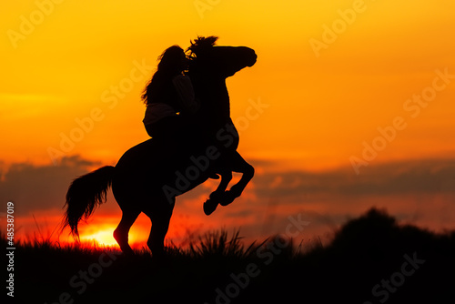 beautiful woman with long hair on horse who rears up on his hind legs against the sunset